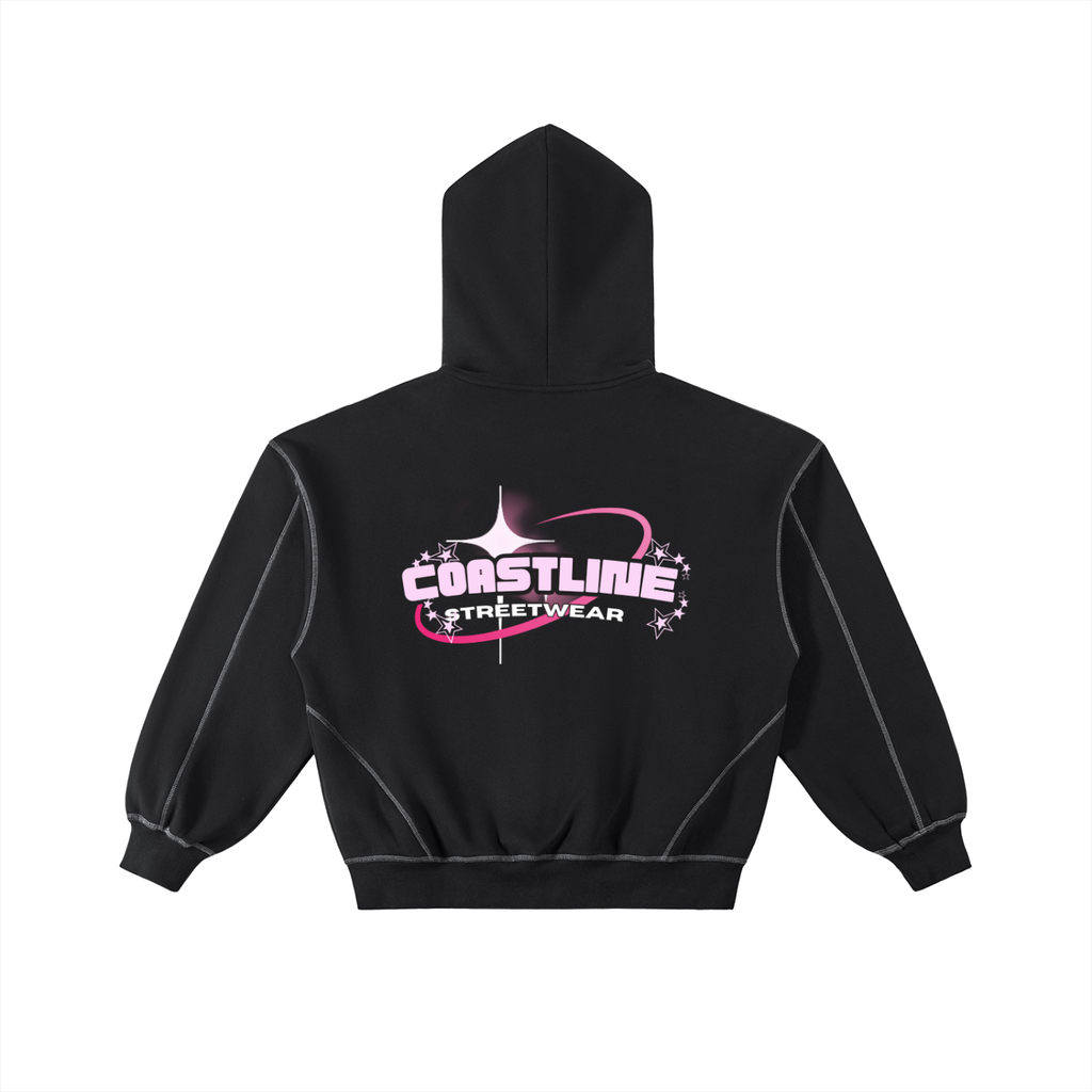 Contrast-Stitched Boxy Fleece Zip Hoodie